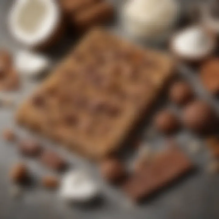 A creative layout of low-carb ingredients used in making bars, including coconut, cocoa, and natural sweeteners.