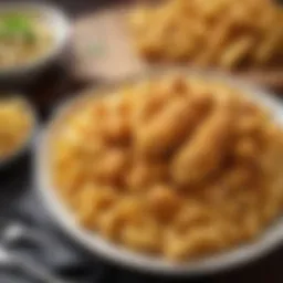 A plate showcasing mac and cheese intertwined with crispy chicken strips