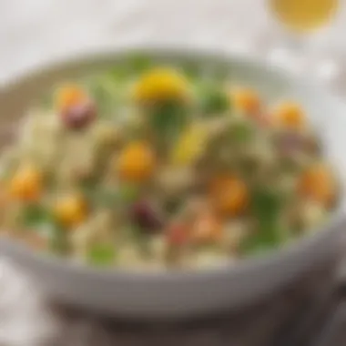 Creamy Quinoa Salad A bowl of creamy quinoa salad topped with fresh herbs and citrus dressing.