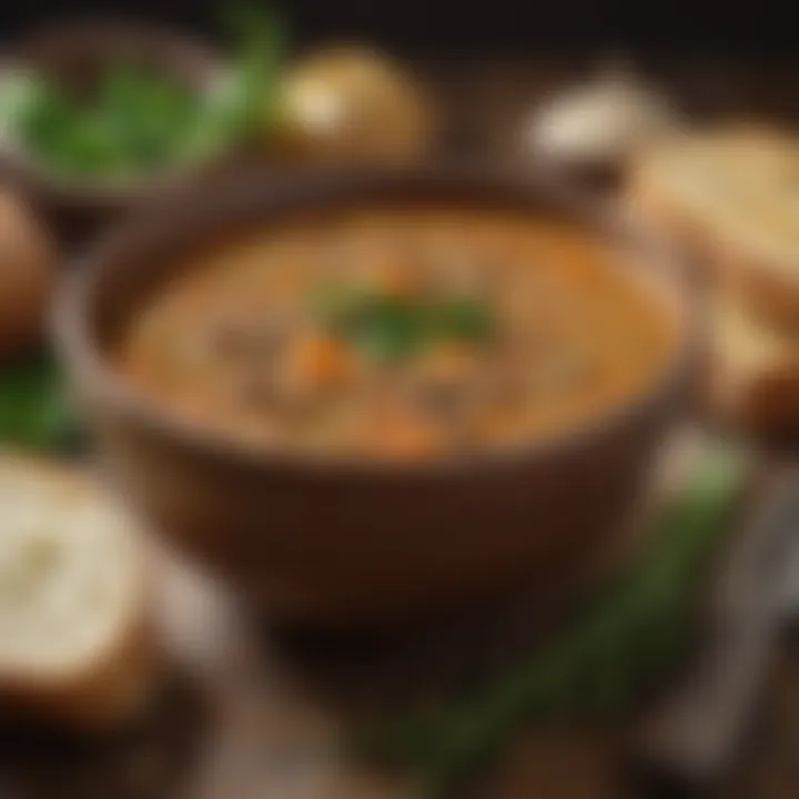 A hearty lentil soup garnished with fresh herbs served in a rustic bowl