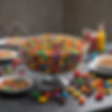 Colorful M&M-themed table setting for a birthday party