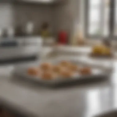 A stainless steel baking sheet on a kitchen counter