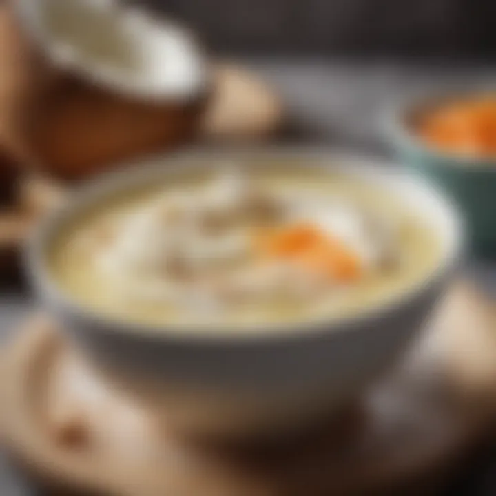 Close-up of coconut cream swirling into a bowl of soup.