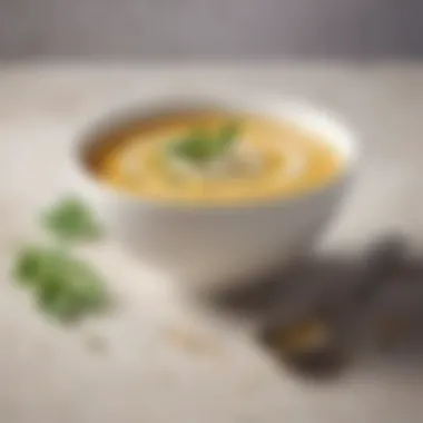 A rich, creamy soup garnished with herbs and drizzled with non-dairy cream.