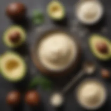 Close-up of key ingredients used in non-soy mayonnaise, including avocado, coconut, and sunflower oil.