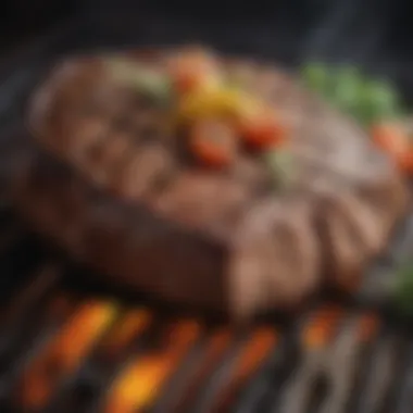 An artistic close-up of a juicy plant-based steak sizzling on a grill