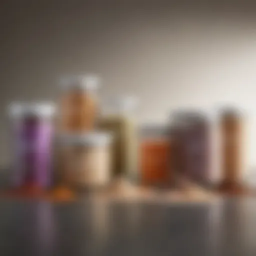 A vibrant display of various protein powders in separate containers.
