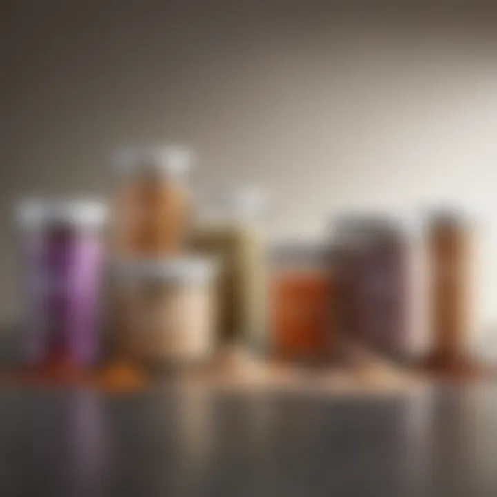 A vibrant display of various protein powders in separate containers.