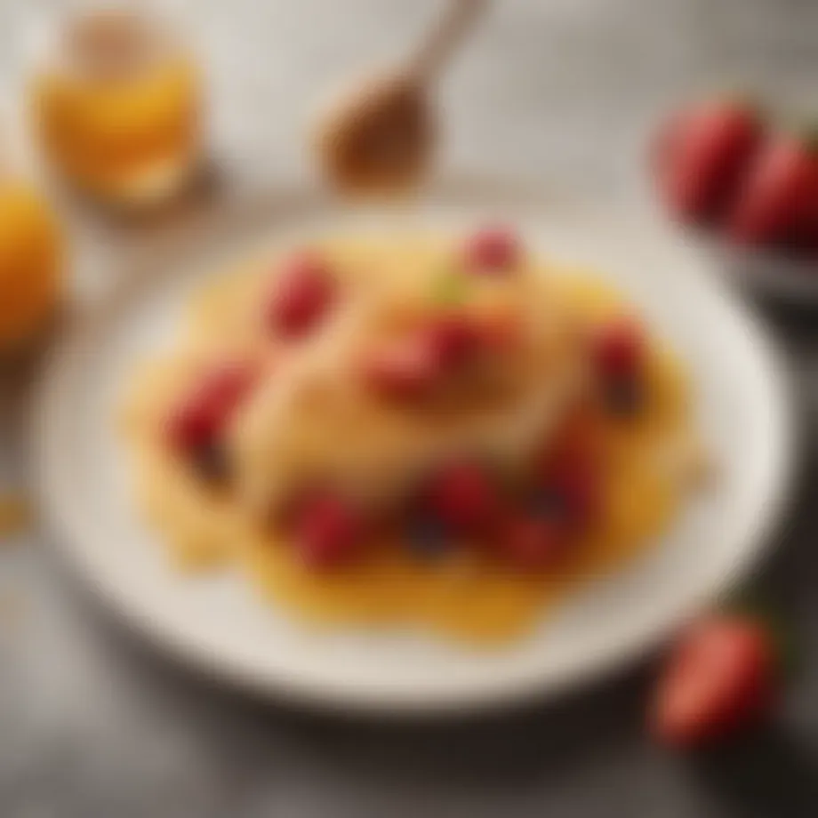 Golden honey drizzled over a plate of fresh fruit