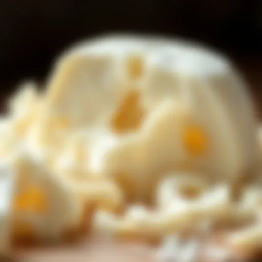 A close-up view of freshly crafted raw mozzarella cheese showcasing its texture