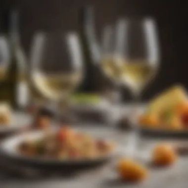 An array of gourmet dishes artfully paired with different varieties of dry white wine.