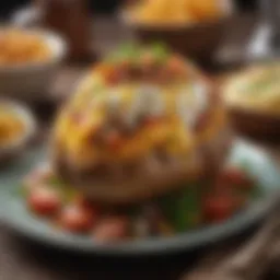 A beautifully plated loaded baked potato topped with a variety of colorful ingredients.