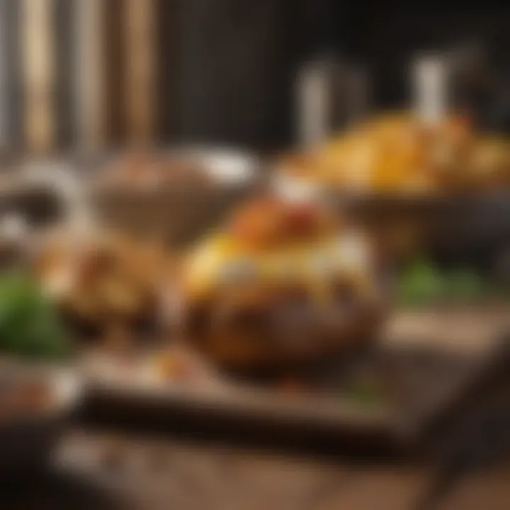 A rustic kitchen setting featuring freshly baked potatoes alongside gourmet ingredients.