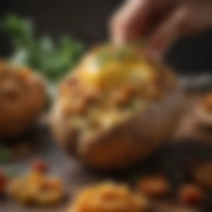 A close-up of a baked potato being stuffed with savory ingredients.