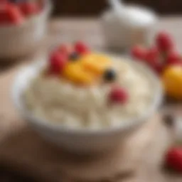 A creamy bowl of rice pudding decorated with cinnamon and fresh fruits