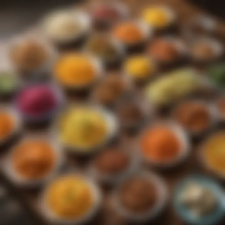 A colorful array of side dishes displayed on a rustic wooden table