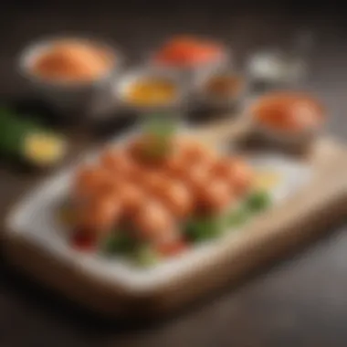 A creative arrangement of salmon bites with various dipping sauces.