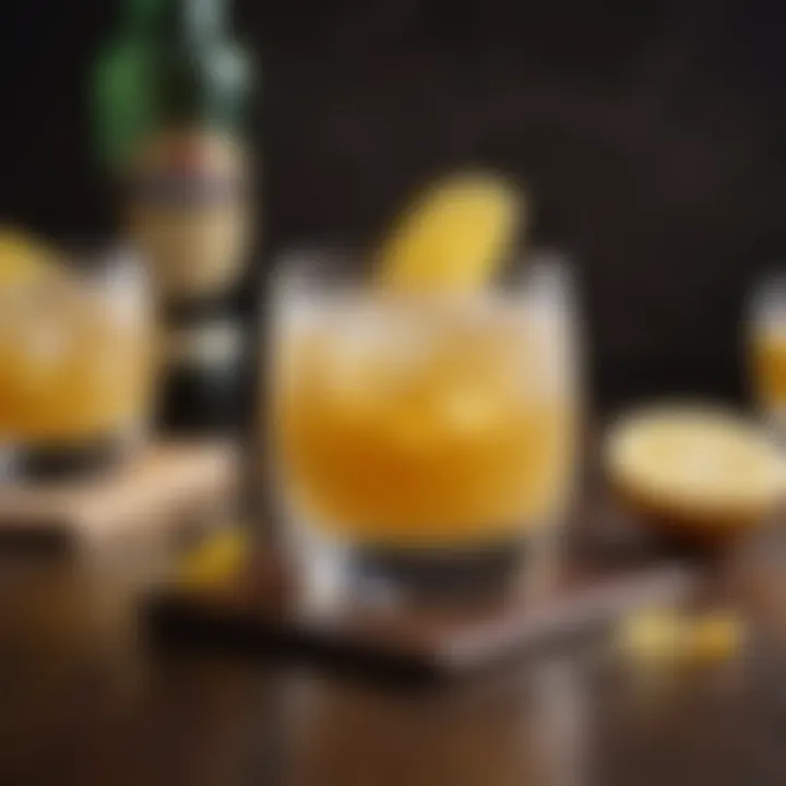 A close-up of a classic Scotch sour cocktail garnished with a twist of lemon peel.