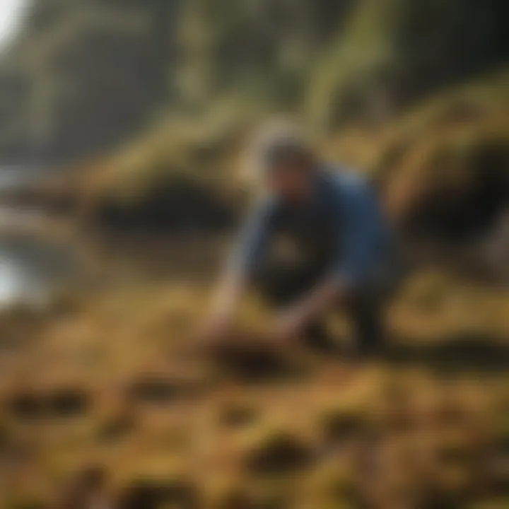 A serene coastal scene illustrating sustainable harvesting practices of sea moss in a natural habitat.