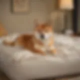 Shiba Inu resting comfortably on a plush dog bed