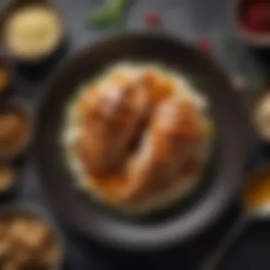 Artful Presentation of Marinated Chicken A stylish dish presentation of marinated chicken with garnish