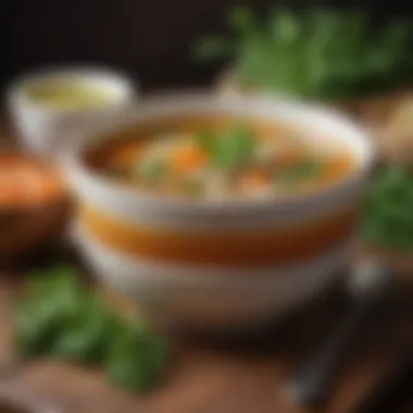 A bowl of hearty soup garnished with fresh herbs