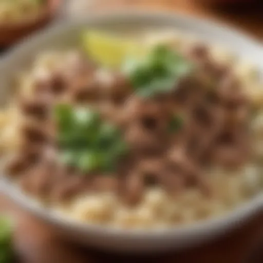 A tantalizing bowl of slow cooker carnitas garnished with cilantro and lime