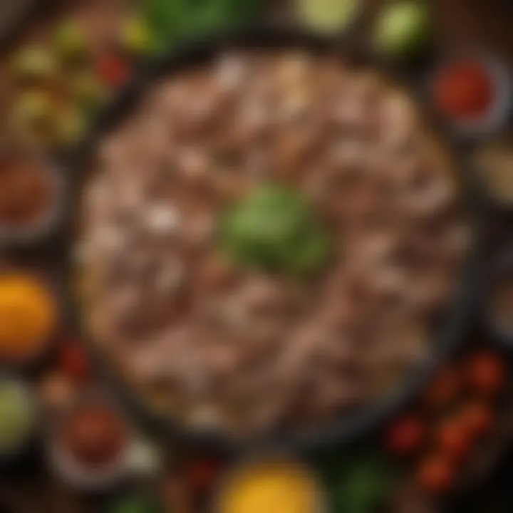 An array of fresh ingredients for making carnitas, including herbs and spices