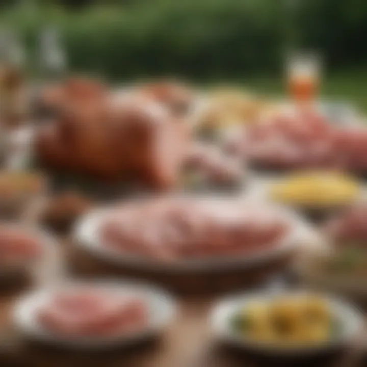 A table set for a feast featuring Smithfield picnic ham as the centerpiece