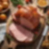 Smithfield picnic ham served on a rustic wooden board with sides