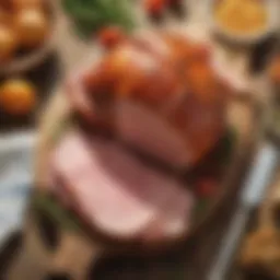 Smithfield picnic ham served on a rustic wooden board with sides
