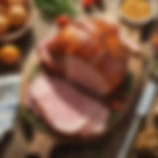 Smithfield picnic ham served on a rustic wooden board with sides