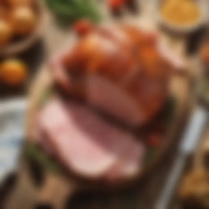 Smithfield picnic ham served on a rustic wooden board with sides