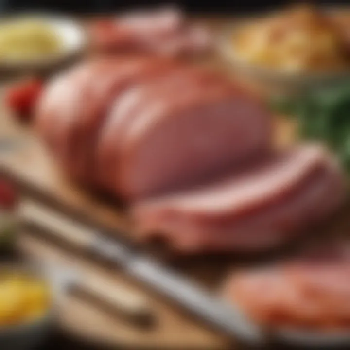 Slicing Smithfield picnic ham showcasing its texture and marbling