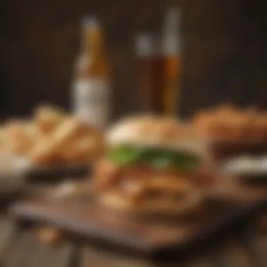 A historical depiction of Southern cuisine featuring traditional chicken sandwich ingredients laid out on a rustic wooden table.