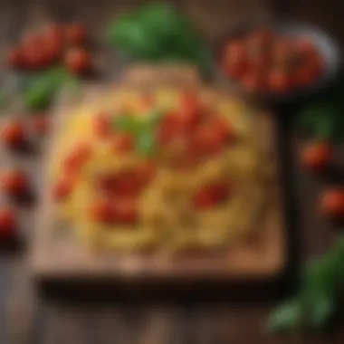 A colorful array of fresh cherry tomatoes and aromatic herbs on a wooden cutting board