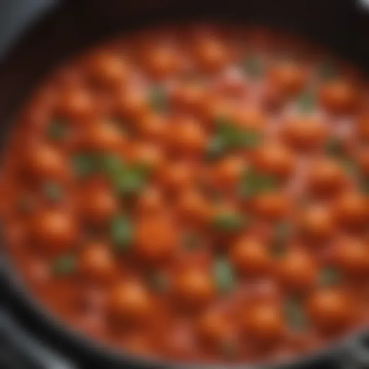 Close-up of rich cherry tomato sauce simmering in a pan with herbs and spices