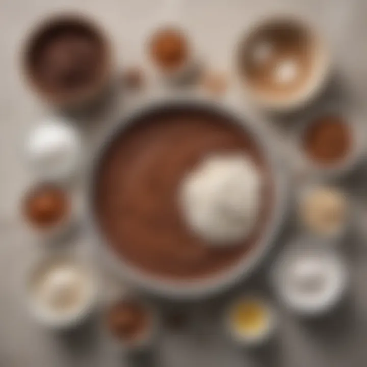 An overhead view of the ingredients used in Swiss Miss hot cocoa cake mix, featuring cocoa powder, flour, and sugar.