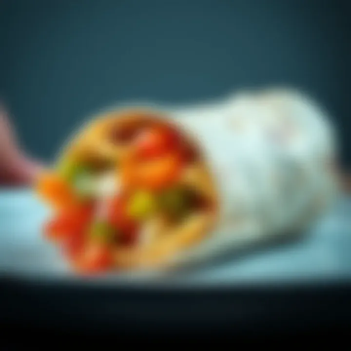 Close-up of a breakfast burrito filled with fresh ingredients