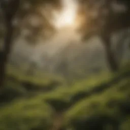 A serene landscape of Darjeeling tea gardens at sunrise, showcasing the lush greenery.