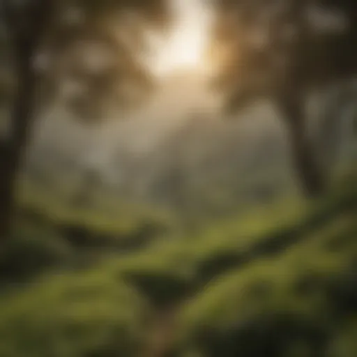 A serene landscape of Darjeeling tea gardens at sunrise, showcasing the lush greenery.