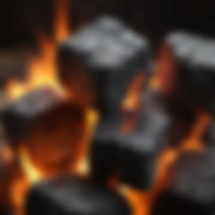 Close-up of glowing charcoal briquettes, illustrating the science of heat and flavor.