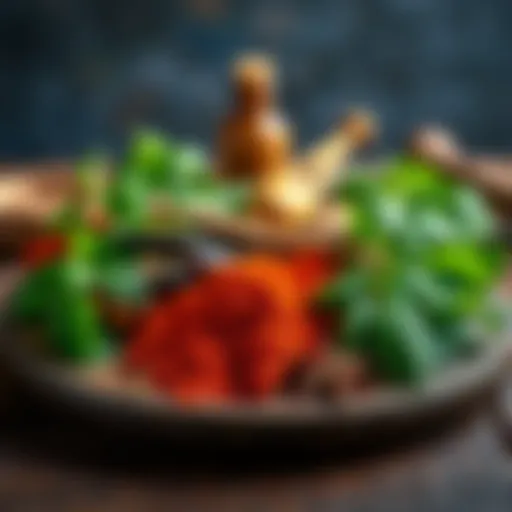 The Essence of Flavorful Ingredients An array of fresh herbs and spices arranged beautifully on a rustic wooden table
