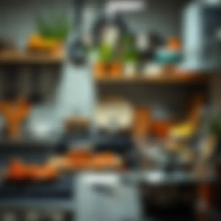 A beautifully organized kitchen workspace showcasing various utensils and cookware