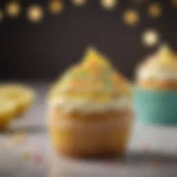 A beautifully styled lemon cupcake topped with colorful sprinkles, showcasing its vibrant flavor.