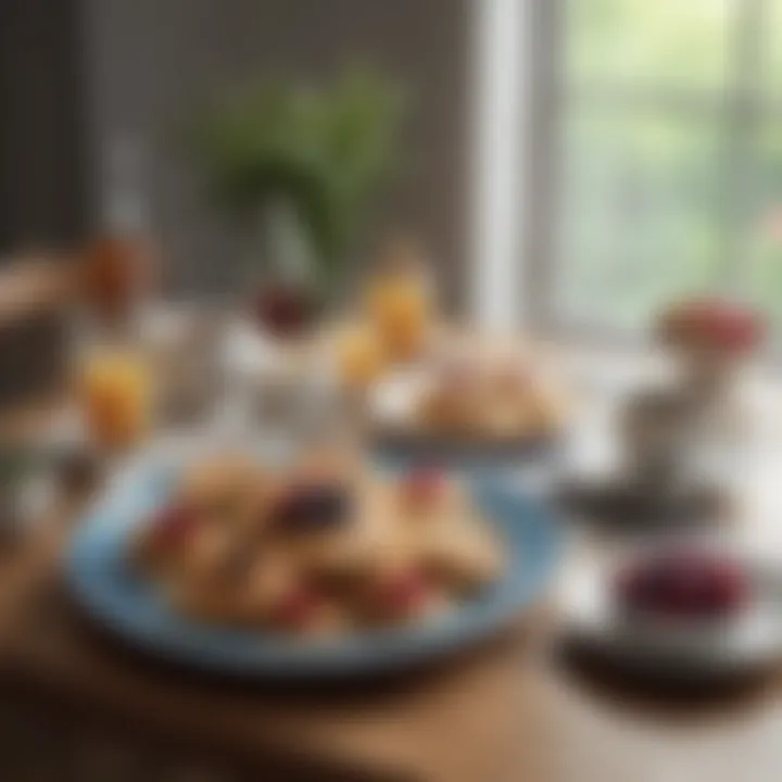 A beautifully arranged brunch table featuring oat pancakes and various toppings