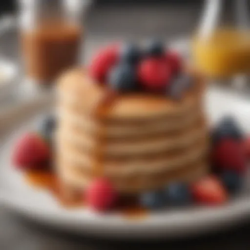 A stack of fluffy oat pancakes topped with fresh berries and syrup