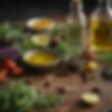 Herbs and Oil Pairing An assortment of fresh herbs and spices alongside fruity olive oil for pairing