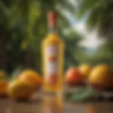 A close-up of a vibrant mango vodka bottle against a tropical backdrop.