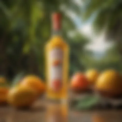 A close-up of a vibrant mango vodka bottle against a tropical backdrop.